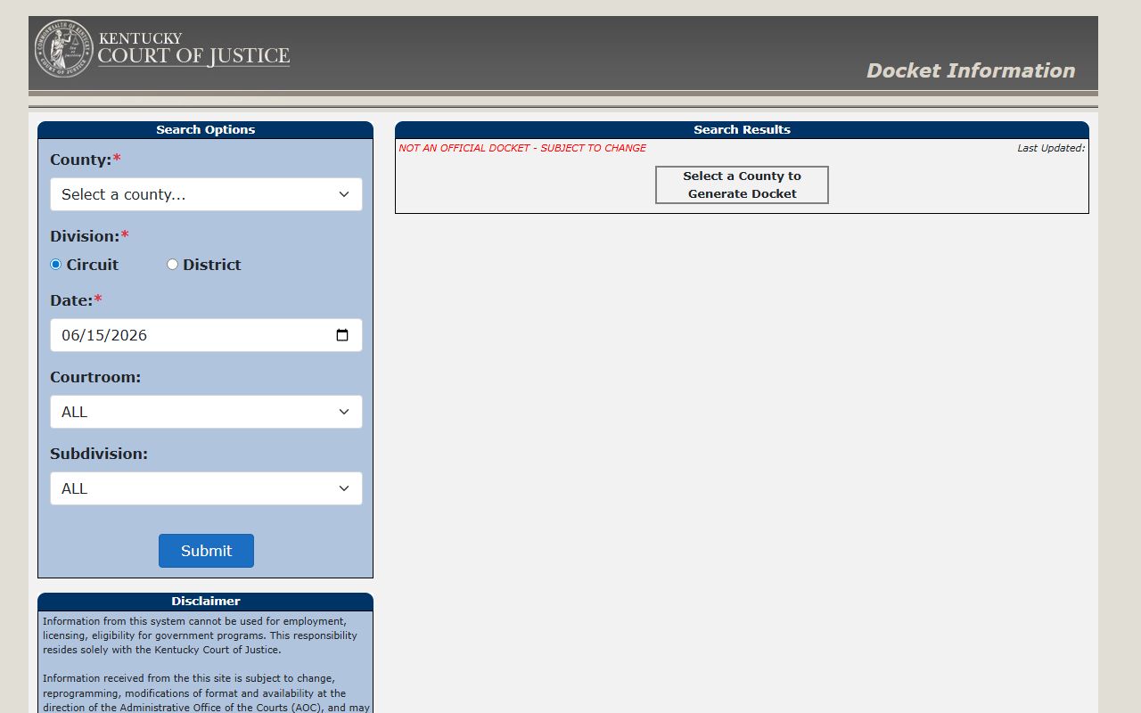 Kentucky docket search for Crittenden County court records after arrest